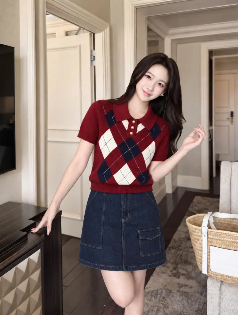 Áo len polo họa tiết quả trám màu Đỏ đô